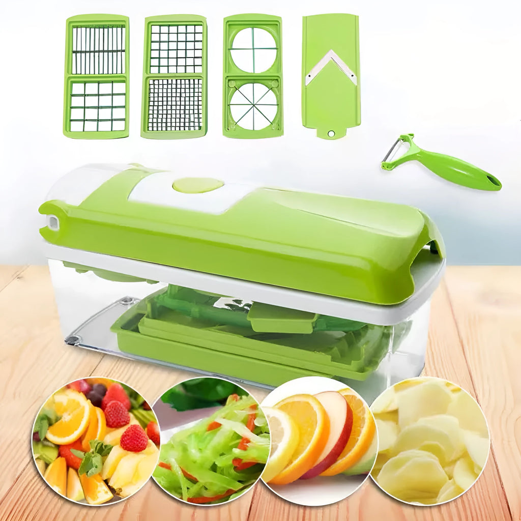 Green multifunctional vegetable chopper with handle, grater, and stainless steel blades on a chopping board