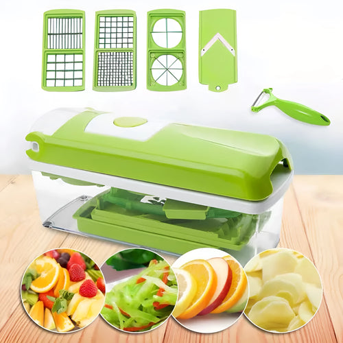 Green multifunctional vegetable chopper with handle, grater, and stainless steel blades on a chopping board