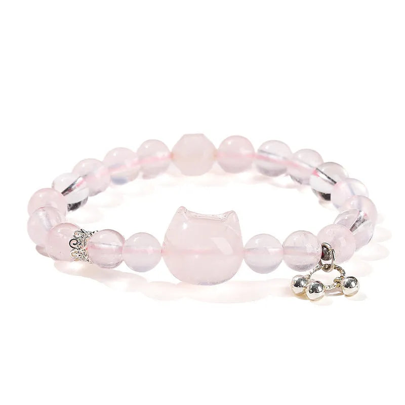 Natural starlight pink crystal cat head bracelet with copper setting, round gemstone bead, handmade women's bracelet