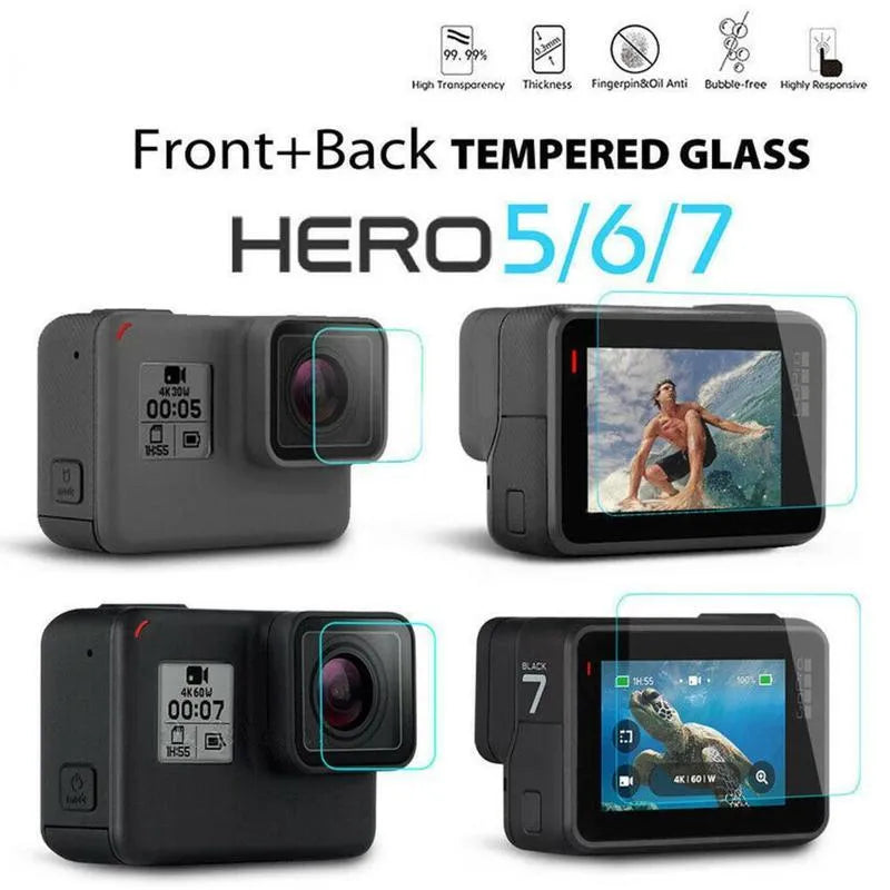 Transparent 9H tempered glass screen protector for GoPro Hero 5/6/7 camera lens and LCD