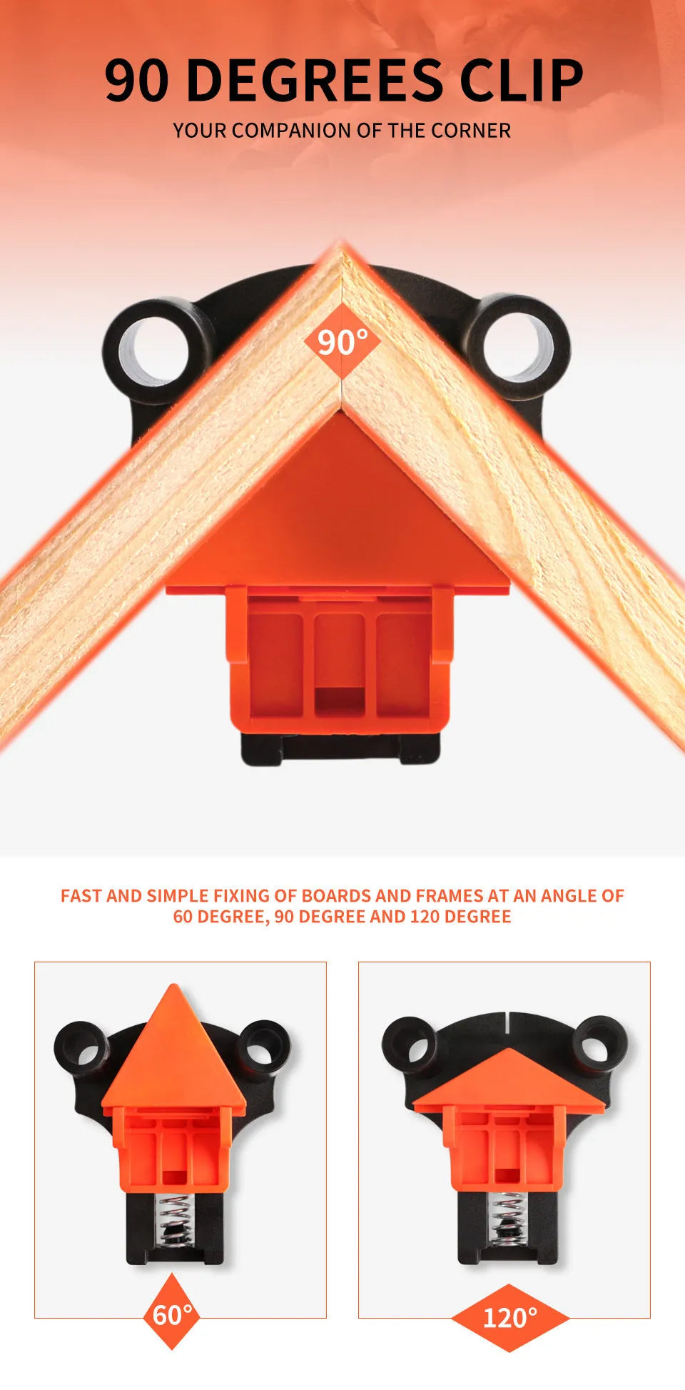 Plastic 90 degree right angle clips for picture frames and woodworking clamp set