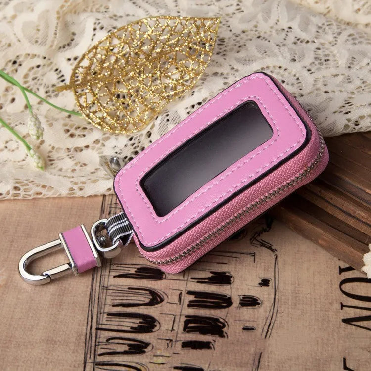 White genuine leather car key case with plain weave finish, 8.3x5x2cm square vertical shape