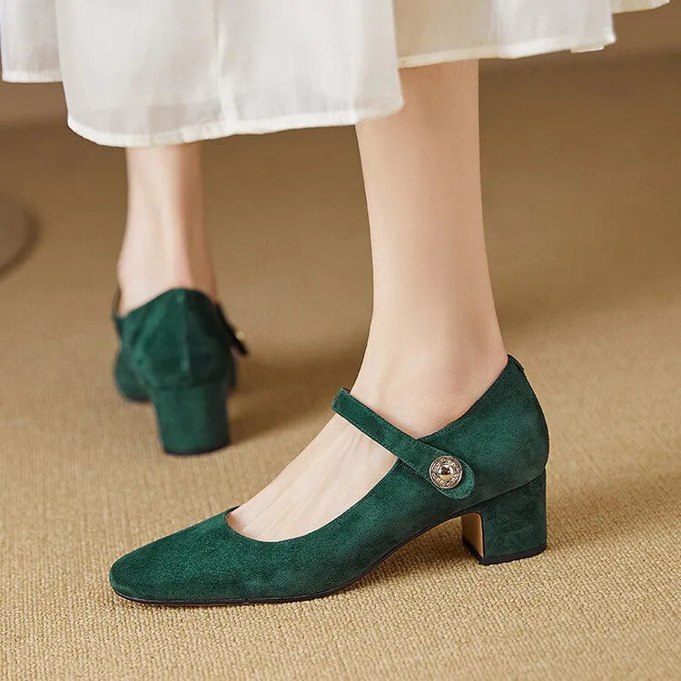 Women's Mary Jane chunky heel pumps in black suede with square toe and low-top profile