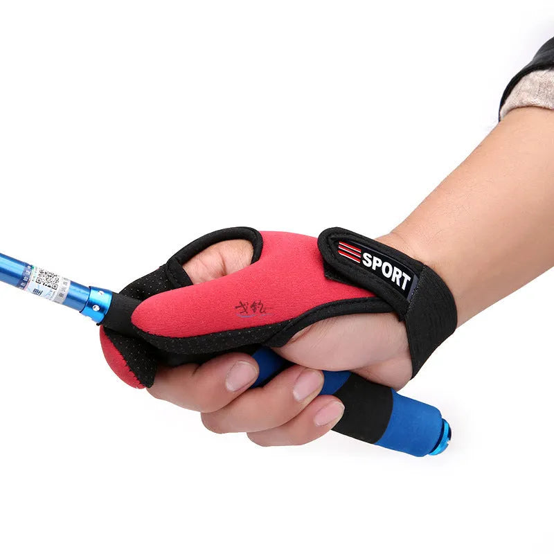 Two finger fishing glove showing diving cloth back and microfiber palm for tackle handling