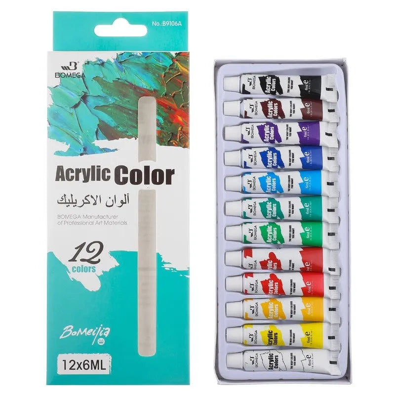 Artists' paint set with 12 colour tubes for acrylic, gouache, watercolour, oil, glass and textile painting.