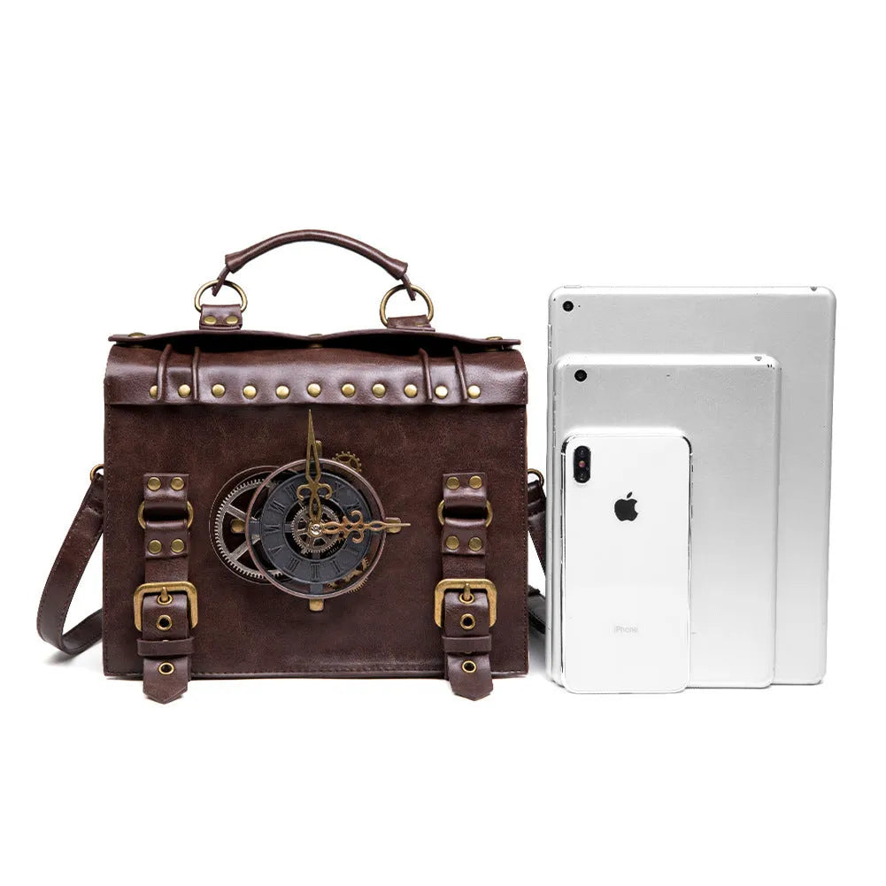 Bronze steampunk industrial retro style PU leather shoulder bag with pillow bag shape