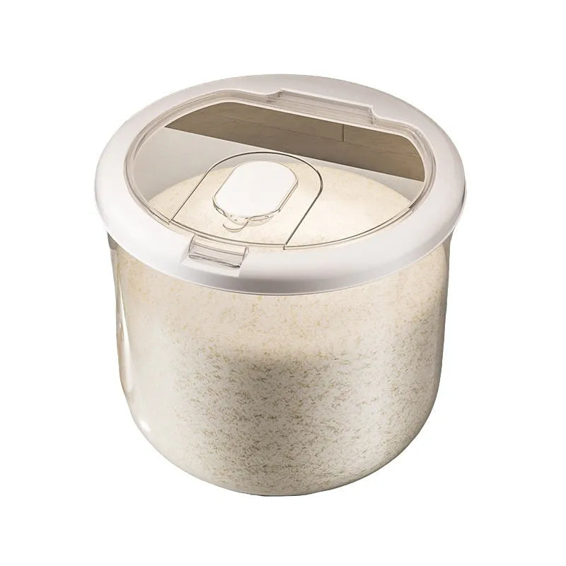 Transparent plastic grain storage tank with sealed lid, insect-proof and moisture-proof, available in 5kg to 25kg capacities, with rice measuring cup.