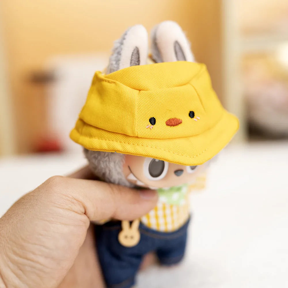Small yellow duck plush doll wearing a hat, scarf, shirt, and suspender overalls, 17cm outfit set