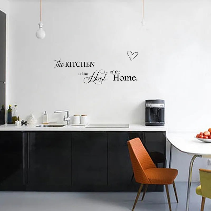Black letter pattern wall sticker reading Kitchen Is Heart Of The Home on a white background, 60x15cm PVC removable