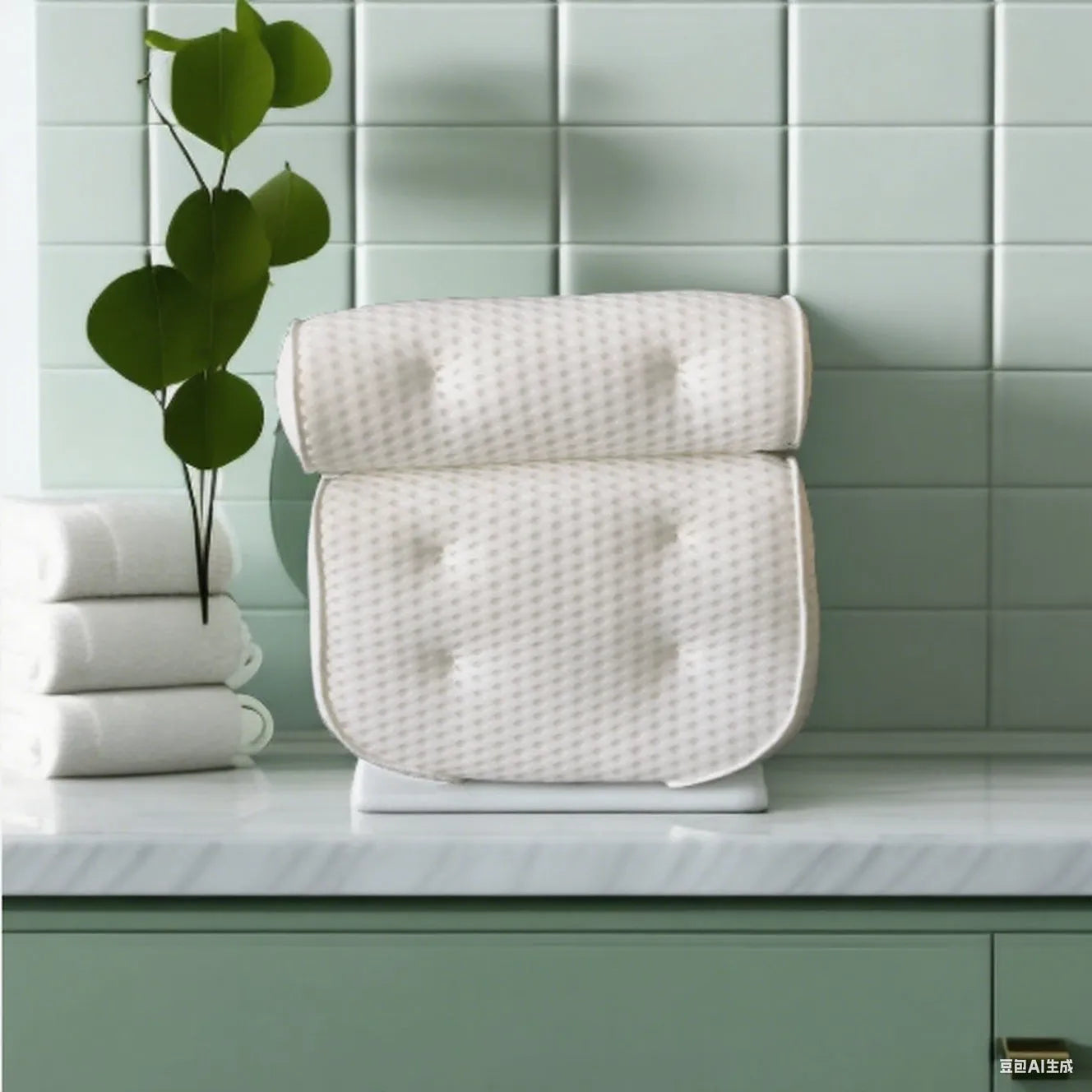White bathtub pillow with mesh fabric and suction cups on a bathtub edge.