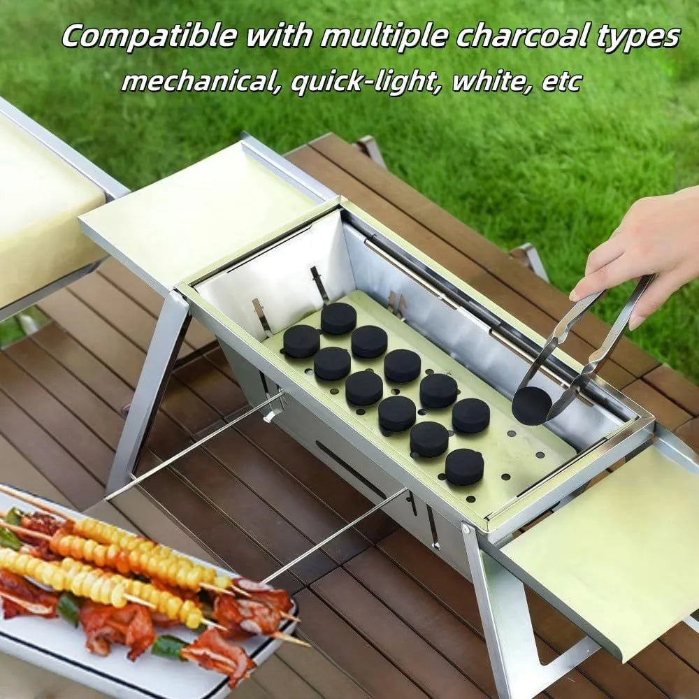 Small folding portable charcoal grill for outdoor barbecues, shown in use and folded for storage.