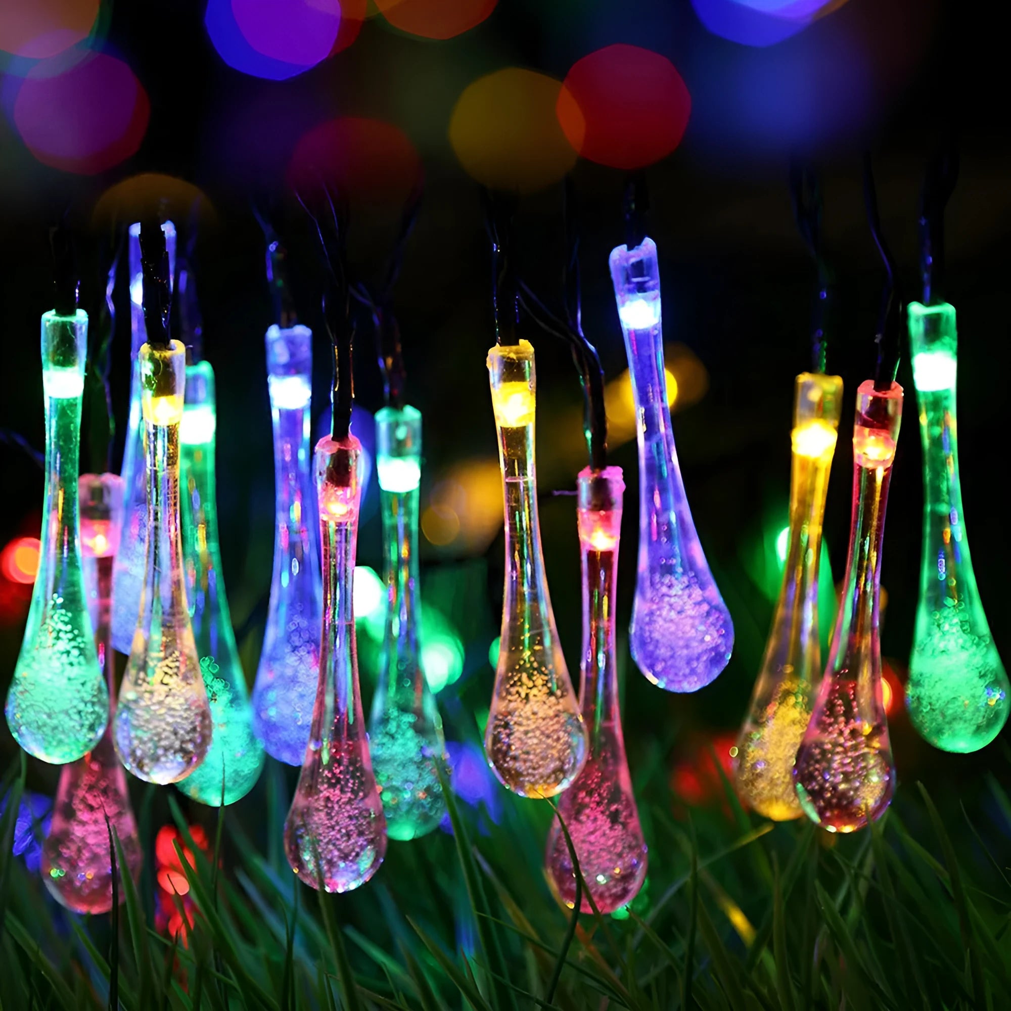 Solar-powered LED outdoor string lights with bubble drop pendants on 6.5 metre cable