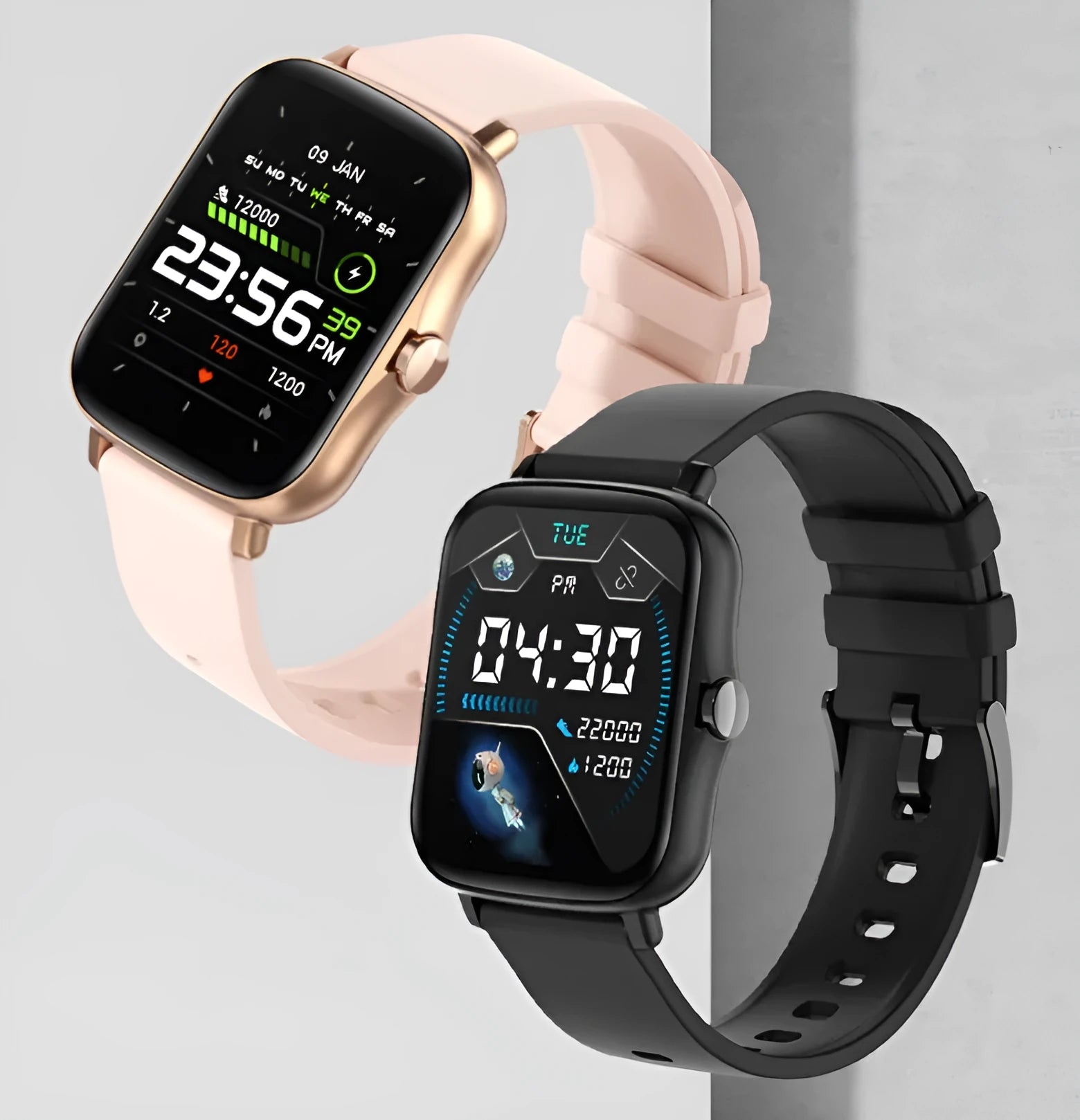 Smart sports watch with blue strap and 1.7-inch colour touch screen displaying fitness metrics