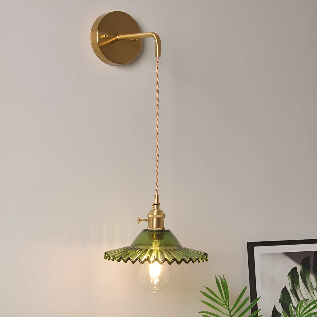 Retro brass lotus wall lamp with copper body and glass shade in choice of six colours