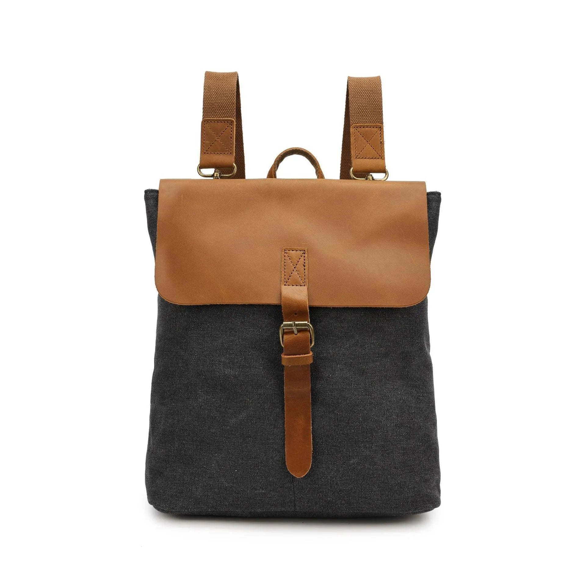 Canvas waterproof backpack with splicing design in khaki colour, 29x13x35cm