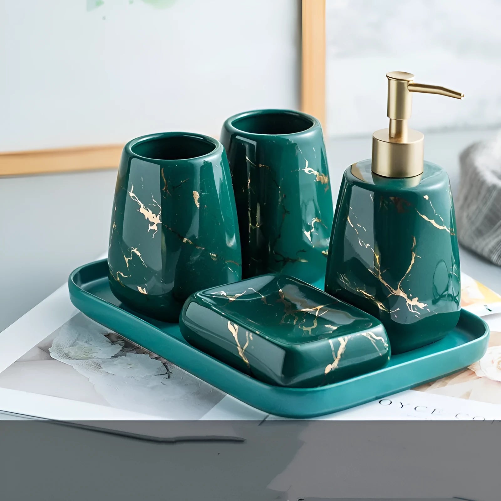 Ceramic bathroom wash set in light luxury style with decal finish, available in black blue or white