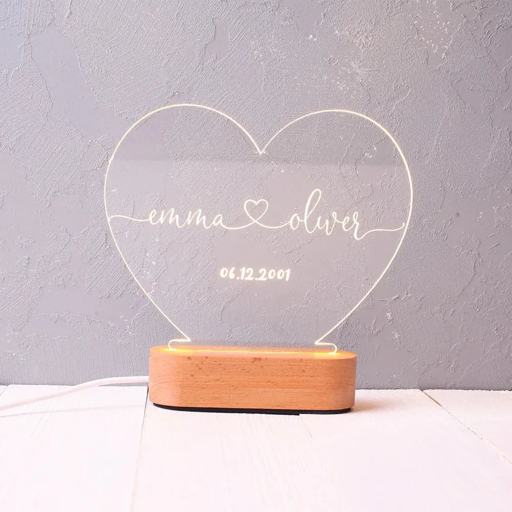 Custom names and date LED night light on transparent 20cm acrylic panel with USB power