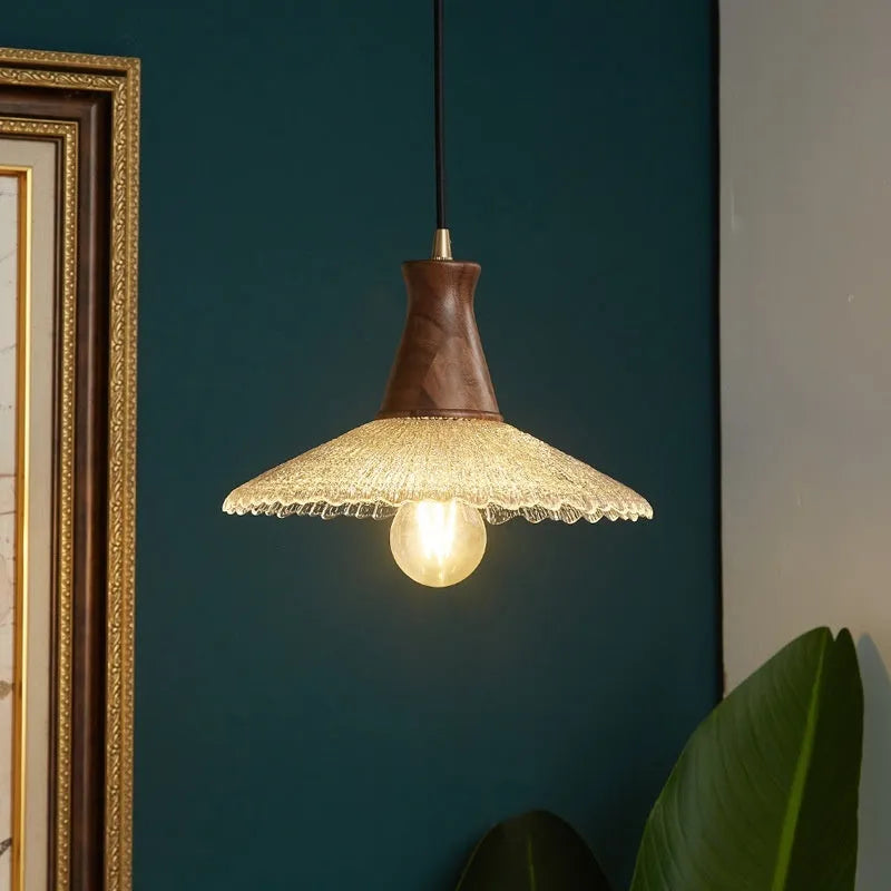 Wood and glass ceiling chandelier with brass finish, shown in small, medium and large sizes.