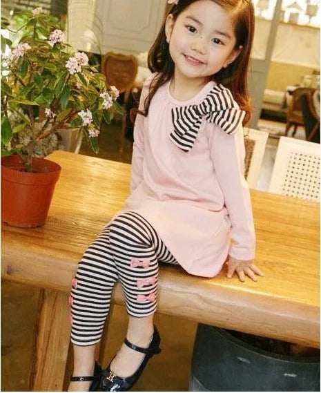 Pink cotton girls clothing set showing size options 110cm 120cm 130cm 140cm