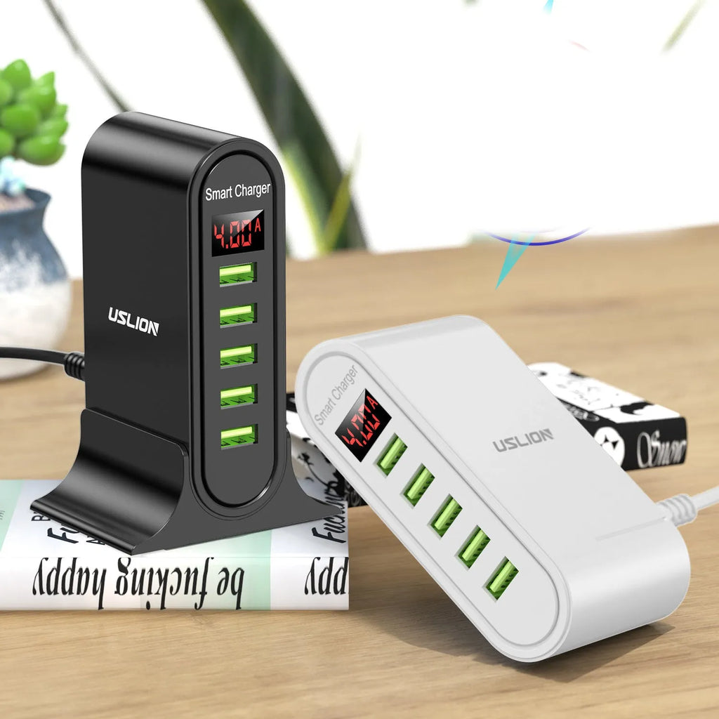 Smart LED digital display USB wall charger in black or white with selectable EU, UK, or US plug