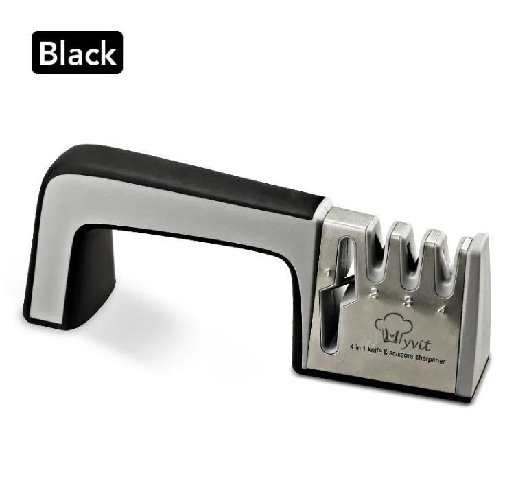 4-in-1 kitchen knife sharpener with multiple slots, black and cyan plastic and stainless steel body on a countertop
