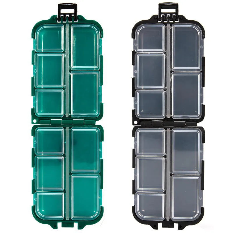 Small black plastic fishing tackle box with 10 internal compartments for organising hooks and lures