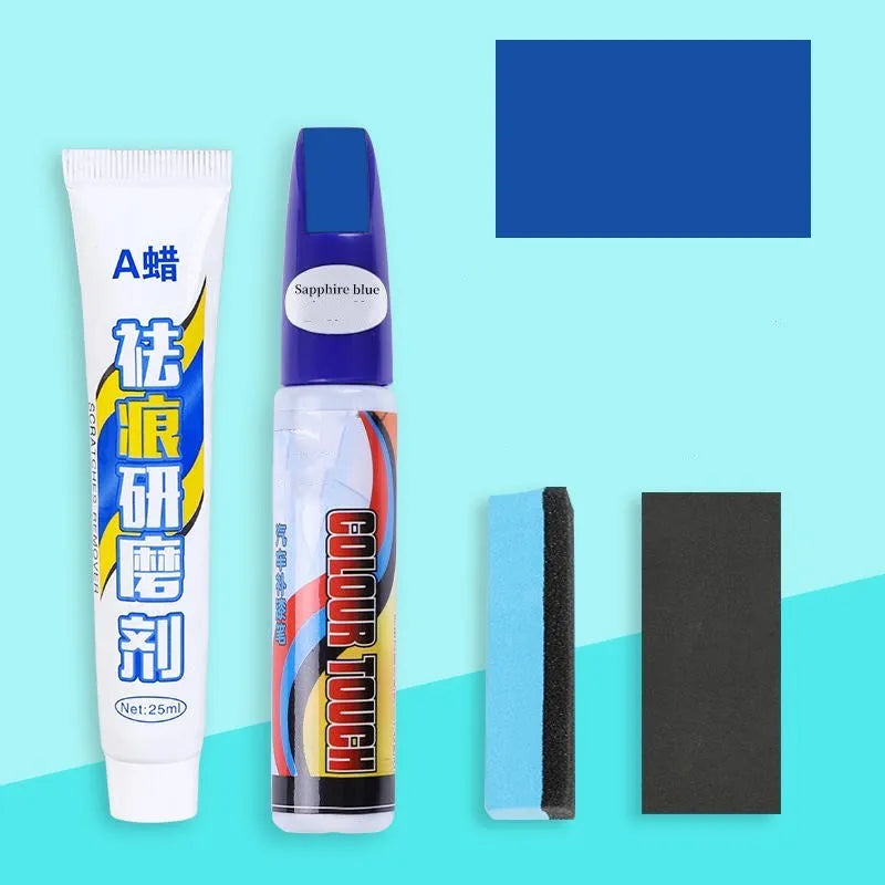 Automotive paint repair pen scratch repair fluid kit with paint pen, wax, sponge, and sandpaper.