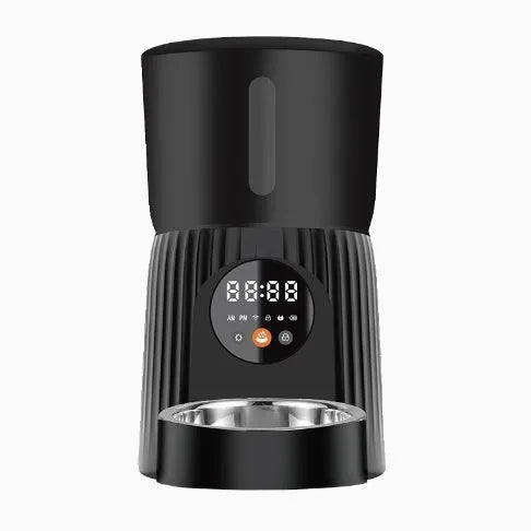 Black and white automatic pet feeder with digital timer display and USB cable