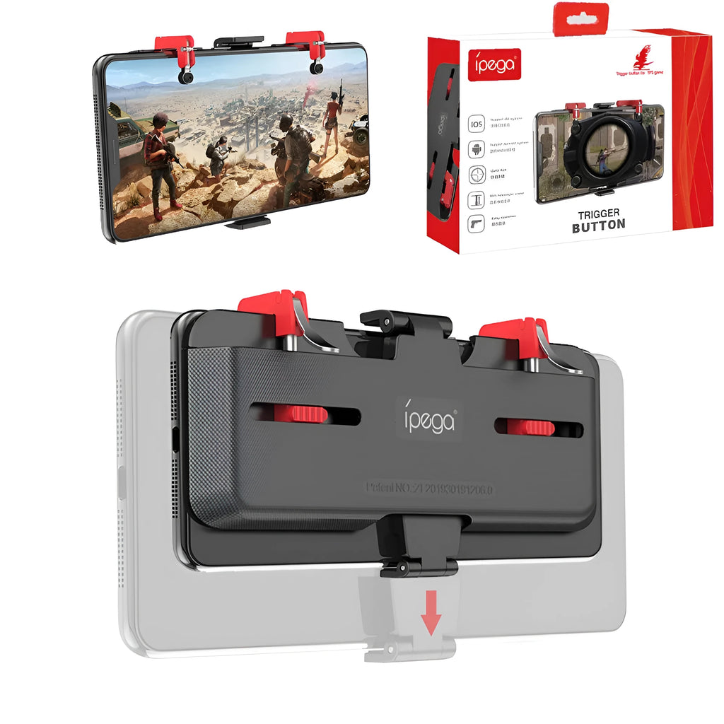 Black phone gaming trigger bracket stand with a metal handle and adjustable trigger for mobile shooting games.