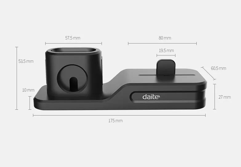 Black 3-in-1 silicone charging base for iPhone, iWatch, and AirPods on a desk