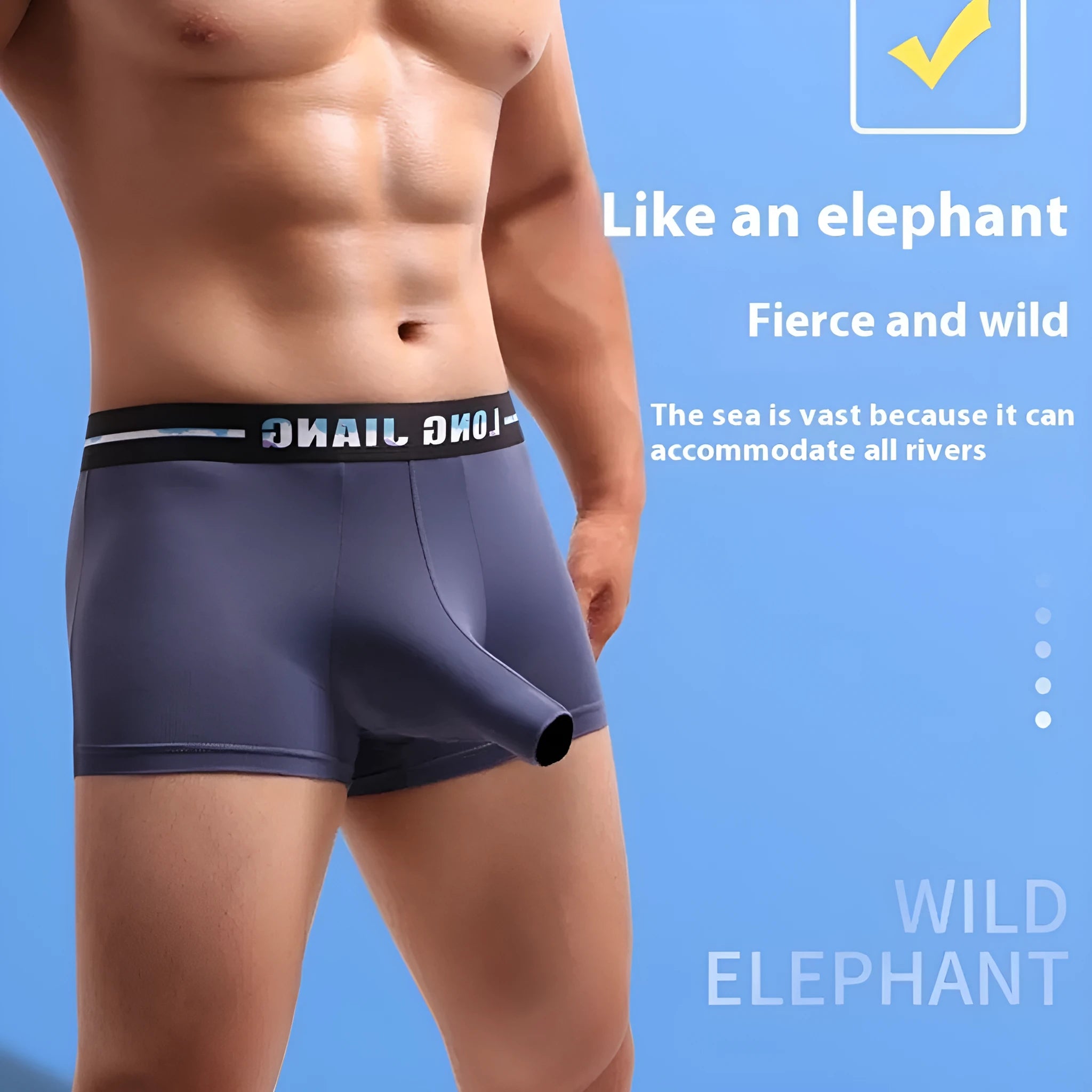 Men's ice silk trunk open boxers in army green colour, showing mid-waist and solid colour design.