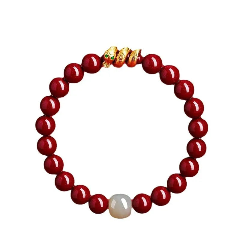 Handmade cinnabar snake bracelet with roll beads in 6mm or 8mm size for Chinese zodiac year
