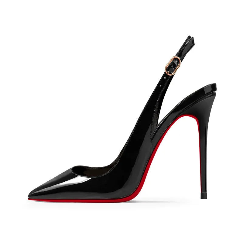 Women's stiletto heel pointed-toe sandals with ankle-strap buckle, black 10cm