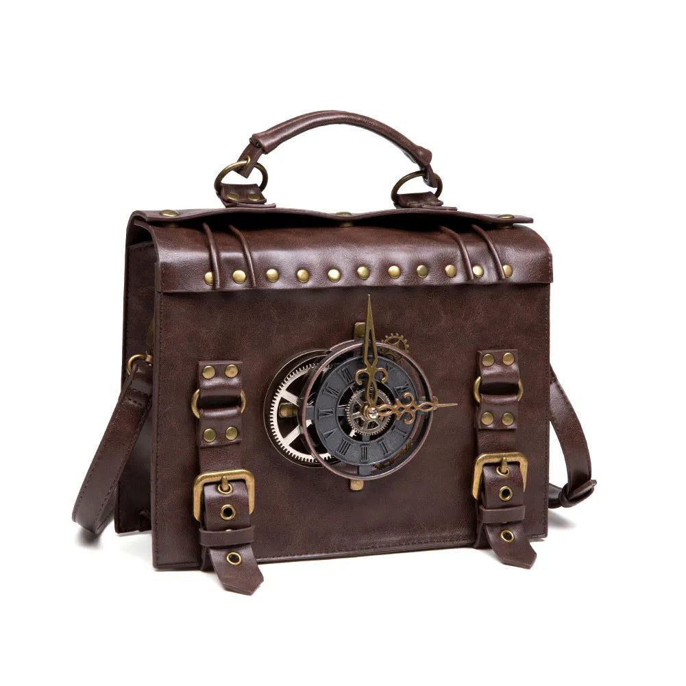 Bronze steampunk industrial retro style PU leather shoulder bag with pillow bag shape