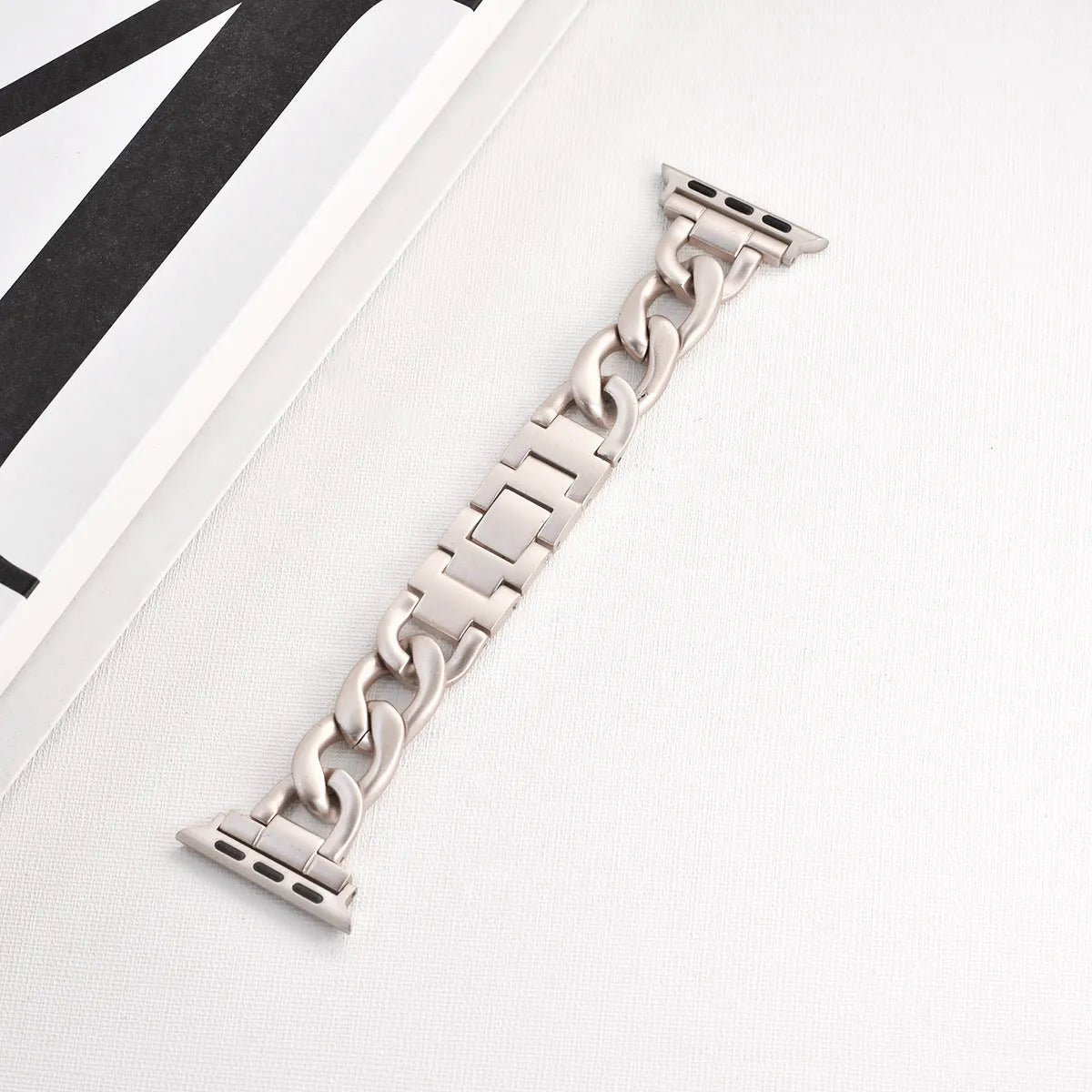 Denim chain metal Apple Watch compatible strap in silver, black, gold, rose gold, and starlight colours for 38-49mm cases.