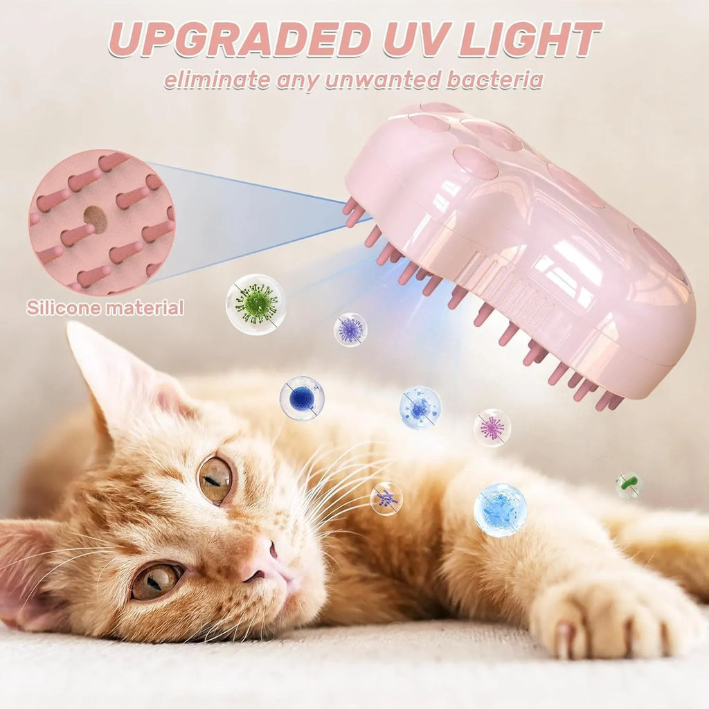 Blue self-cleaning cat steam brush with silicone bristles and release button
