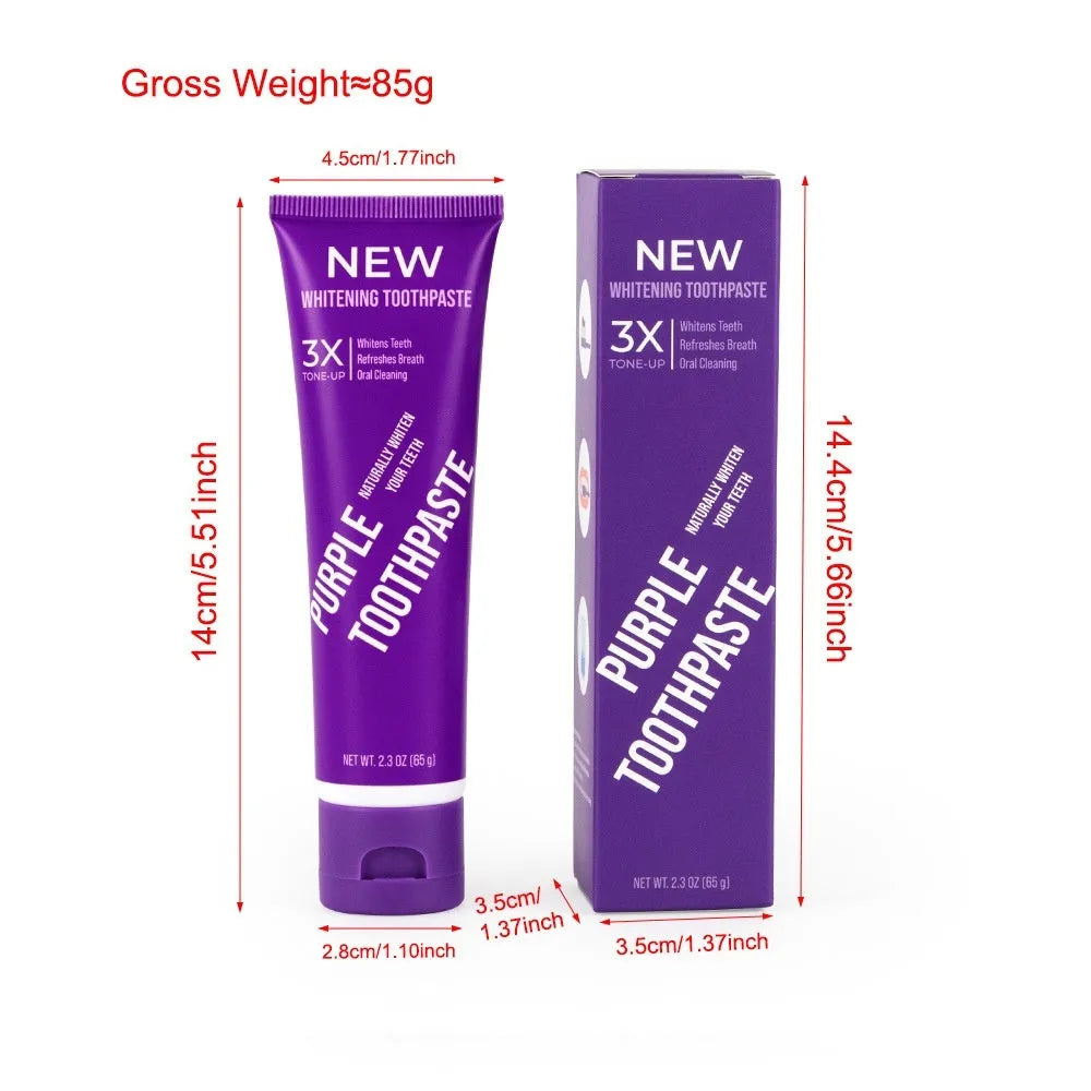 Purple whitening toothpaste tube for adults, shown in 120g and 65g size options for removing yellow stains.