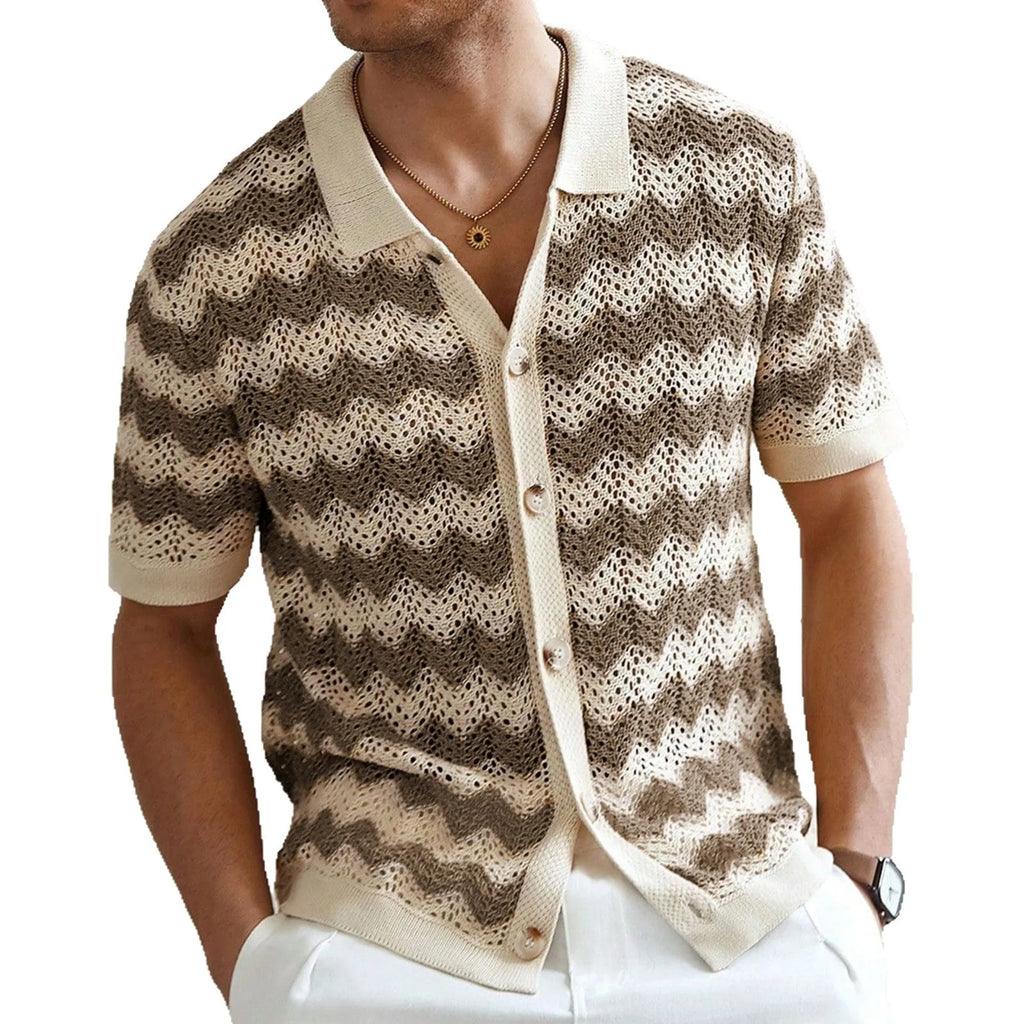 Short sleeve summer sweater with corrugated jacquard texture in blue, brown, or yellow