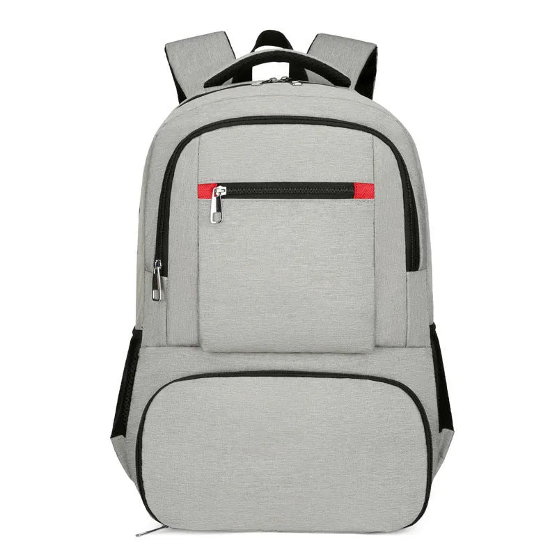 Light grey insulated Oxford cloth backpack with curved shoulder straps and pull rod belt for travel