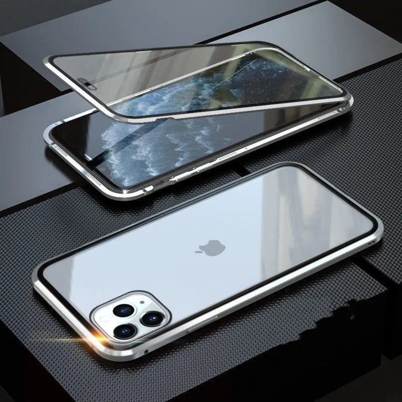 Glass anti-spy clamshell phone case in six colours for various iPhone models.