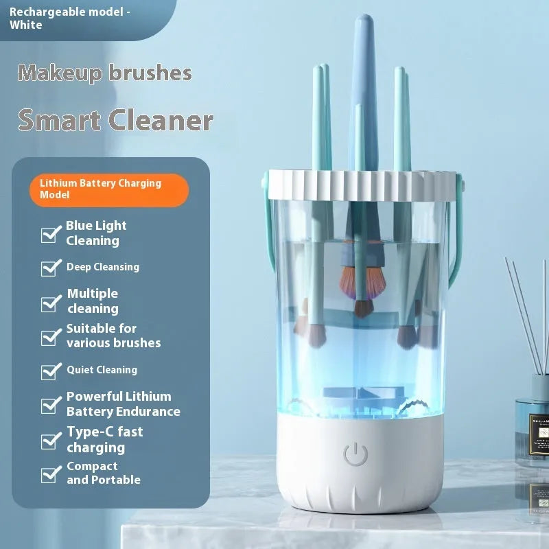 White rechargeable electric makeup brush cleaning station with automatic sanitising function