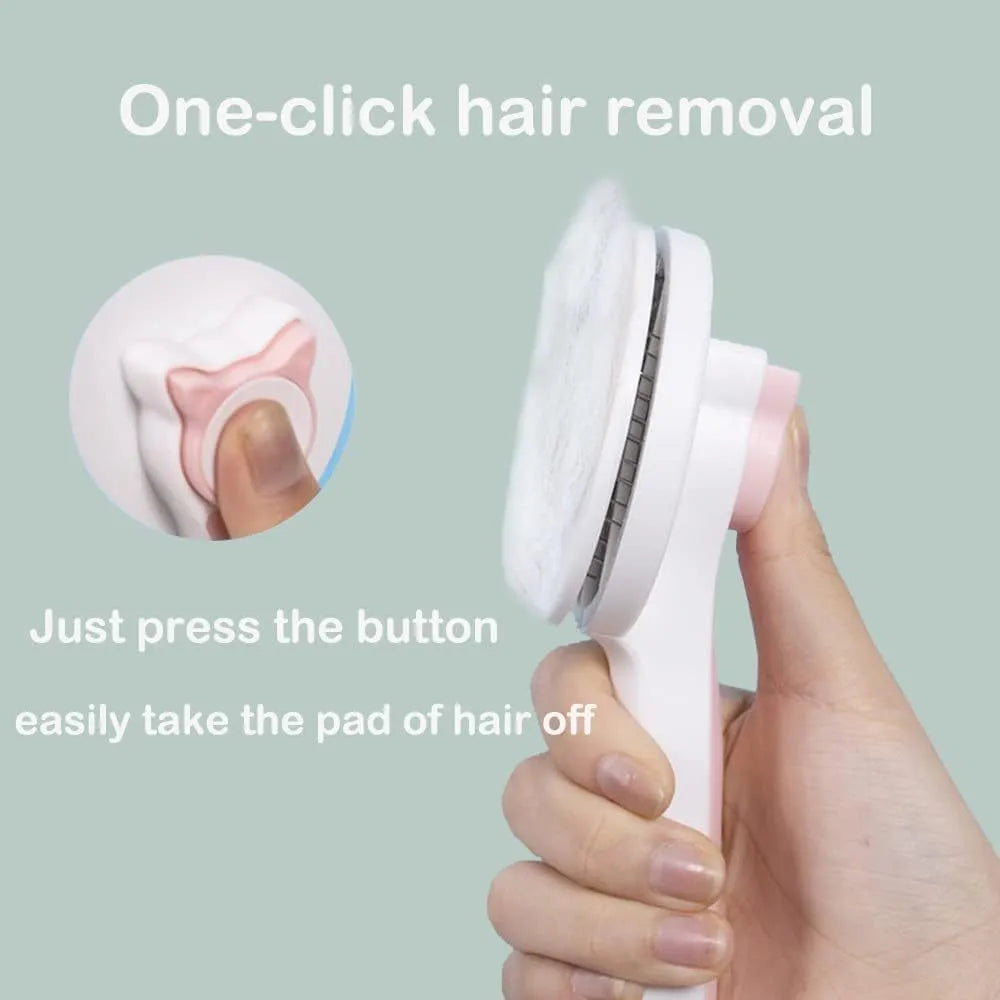 Blue self-cleaning cat brush with a rubber handle and a one-click button for hair removal.