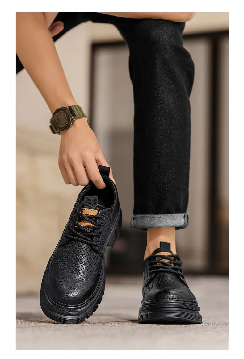 Genuine leather breathable platform height increasing lace-up casual shoes in black, two-layer cowhide upper, low heel under 3cm, rubber sole