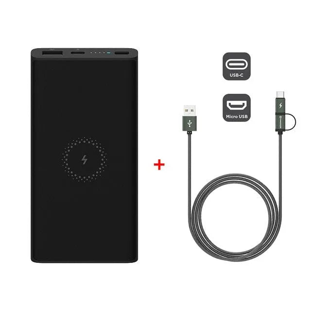 Black and white 10000mAh power bank with USB Type-C port and wireless charging