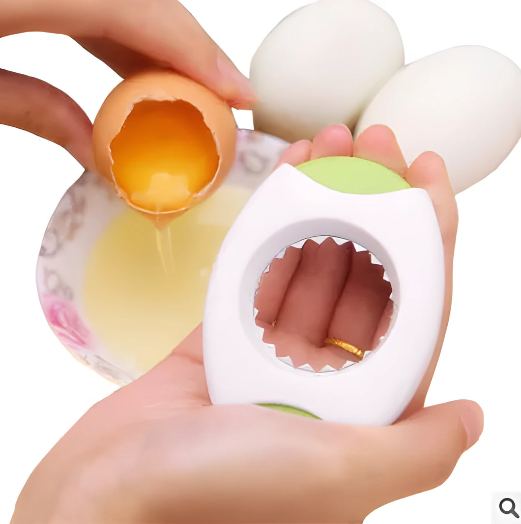 Blue egg topper gadget with stainless steel cutter and built-in strainer on white background
