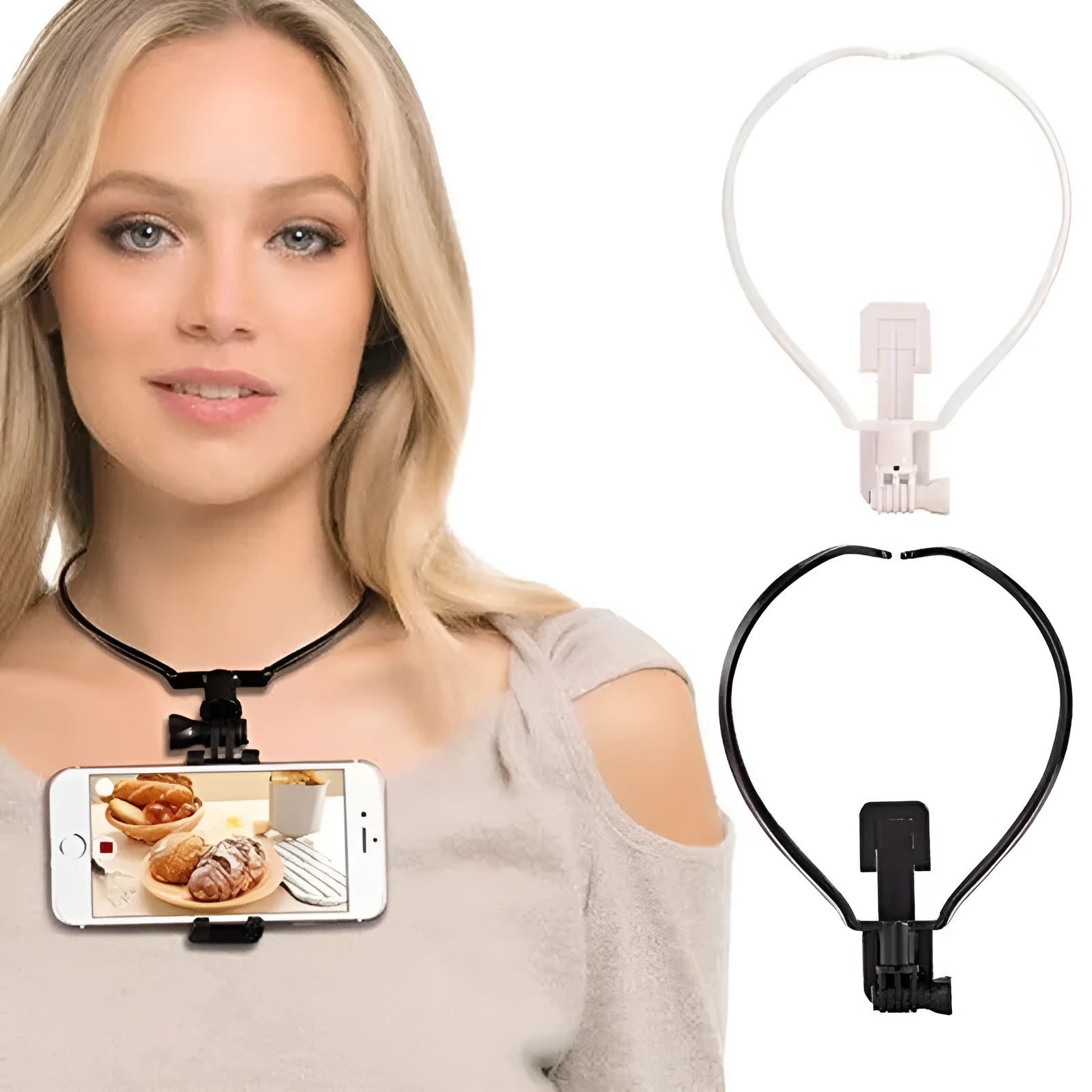 Wearable phone holder neck mount in black for hands-free smartphone video recording
