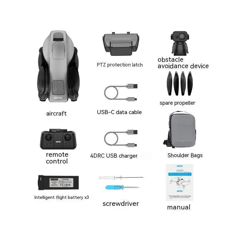 White folding quadcopter drone with 4K camera and obstacle avoidance sensors, shown with remote control and shoulder bag.