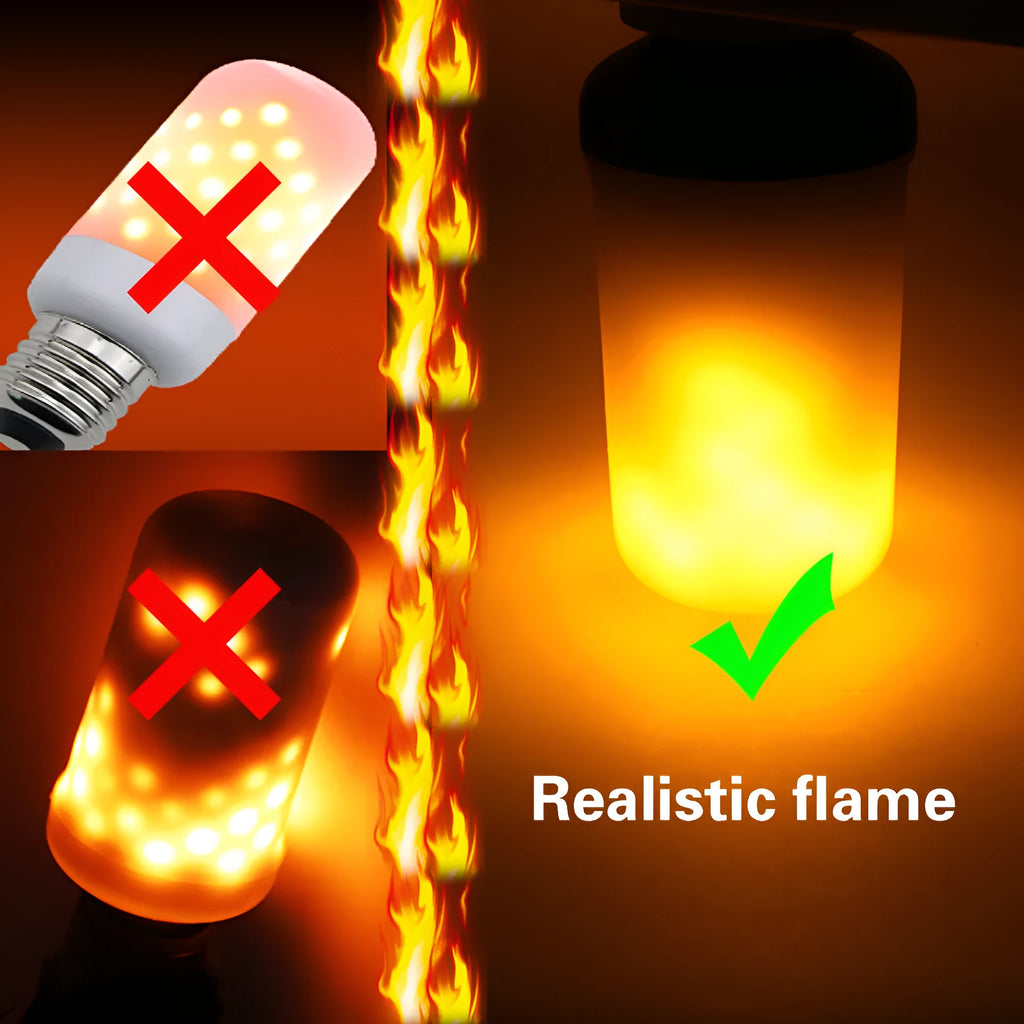 Atmosphere decorative flame effect LED lamp with flickering orange light on a dark background.
