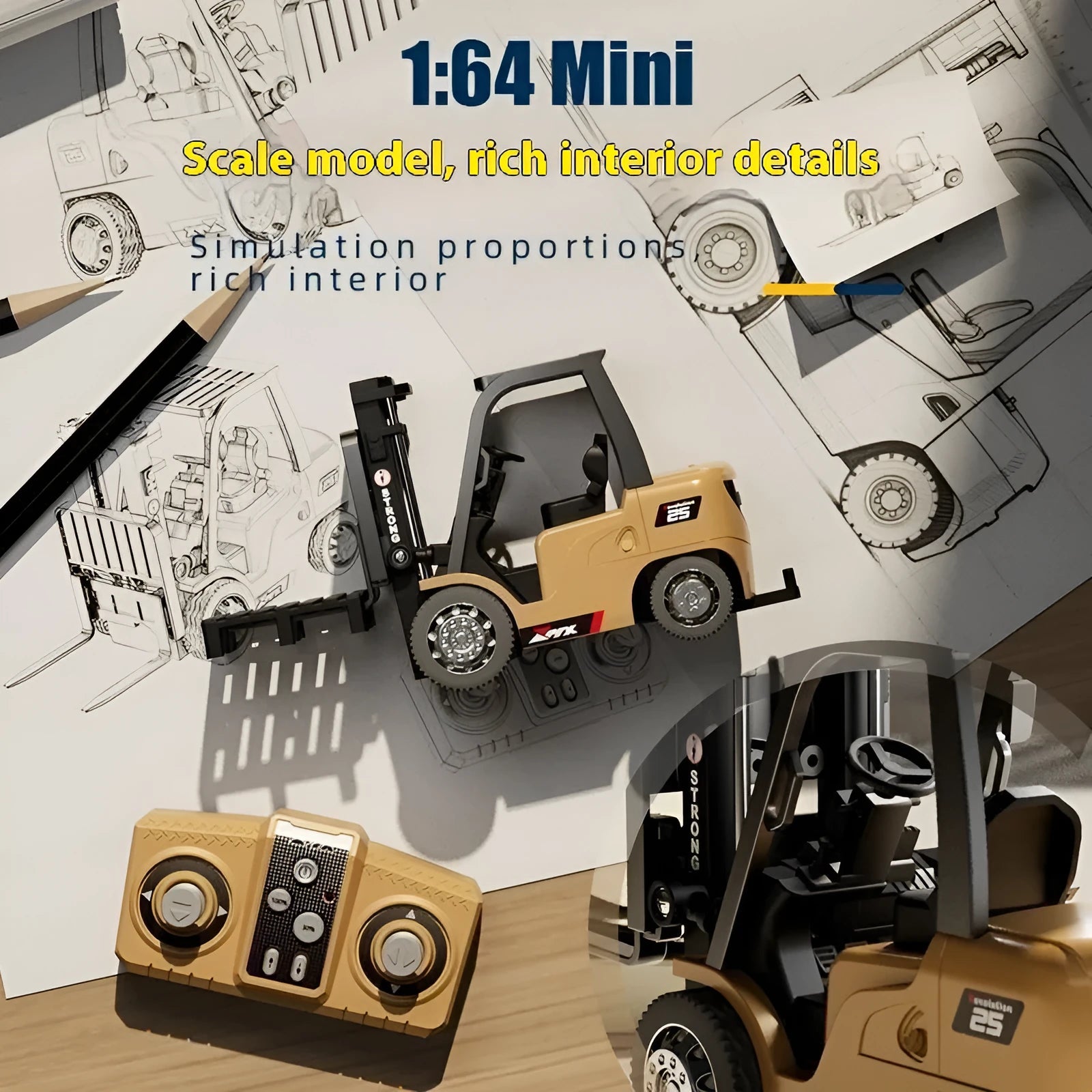 Miniature silver alloy remote control forklift model with black accents on a pallet.