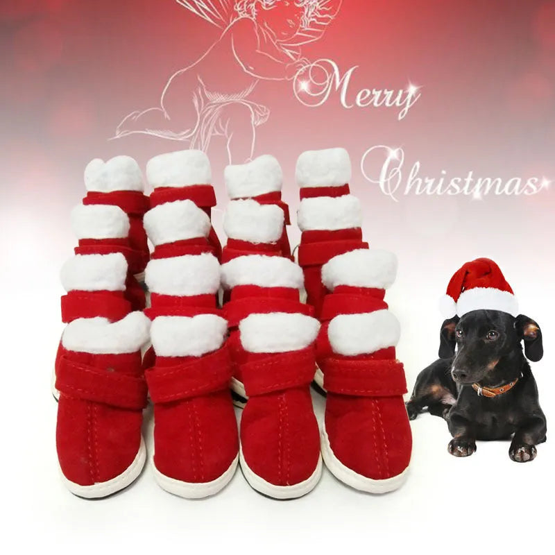 Red plush pet Christmas shoes for small dogs with non-slip rubber sole and Velcro ankle strap